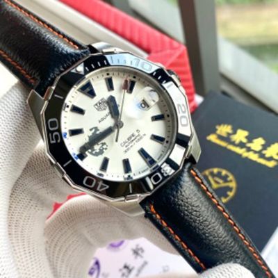 TAG Heuer mens watch leather strap Aquaracer Calibre 5  Black Leather Strap Ceramic Bezel